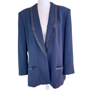Vintage LIZ CLAIBORNE COLLECTION Black Beaded‎ Blazer Jacket Sz 16 Cruise Tuxedo